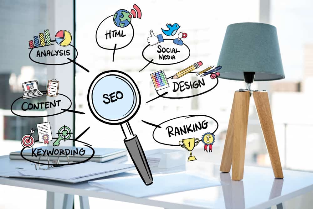 SEo et des mots autour dans des bulles sur un bureau, une lampe posée à côté, cocon sémantique SEO