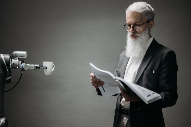 une main robotisée qui tend une tasse de café à un homme en costume noir qui lit un document, recrutement et IA