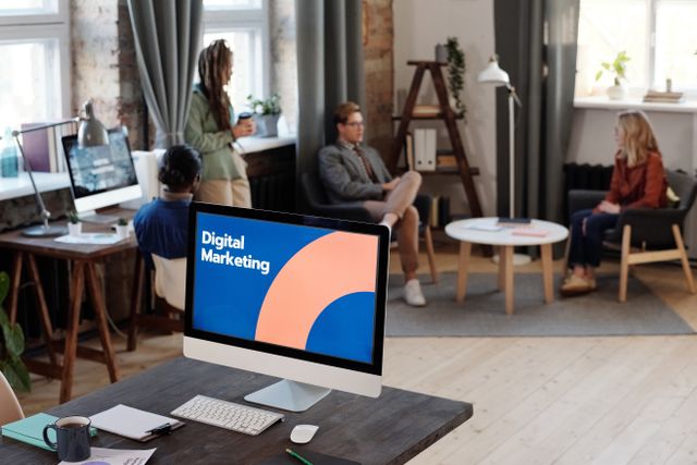 "Digital marketing" affiché sur un écran d'ordinateur posé sur un bureau, des collaborateurs dans une agence web marketing en arrière -plan